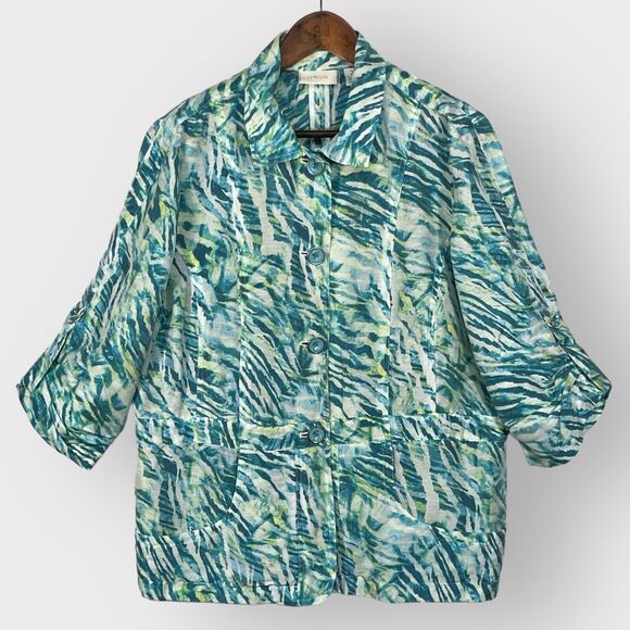 Chico's Lightweight Button Front Jacket Women Size L (2)‎ Green Printed Linen - Picture 1 of 12
